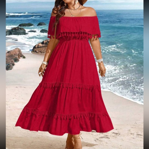Boho burgundy plus size off shoulder tassel detail maxi dress - Picture 3 of 16